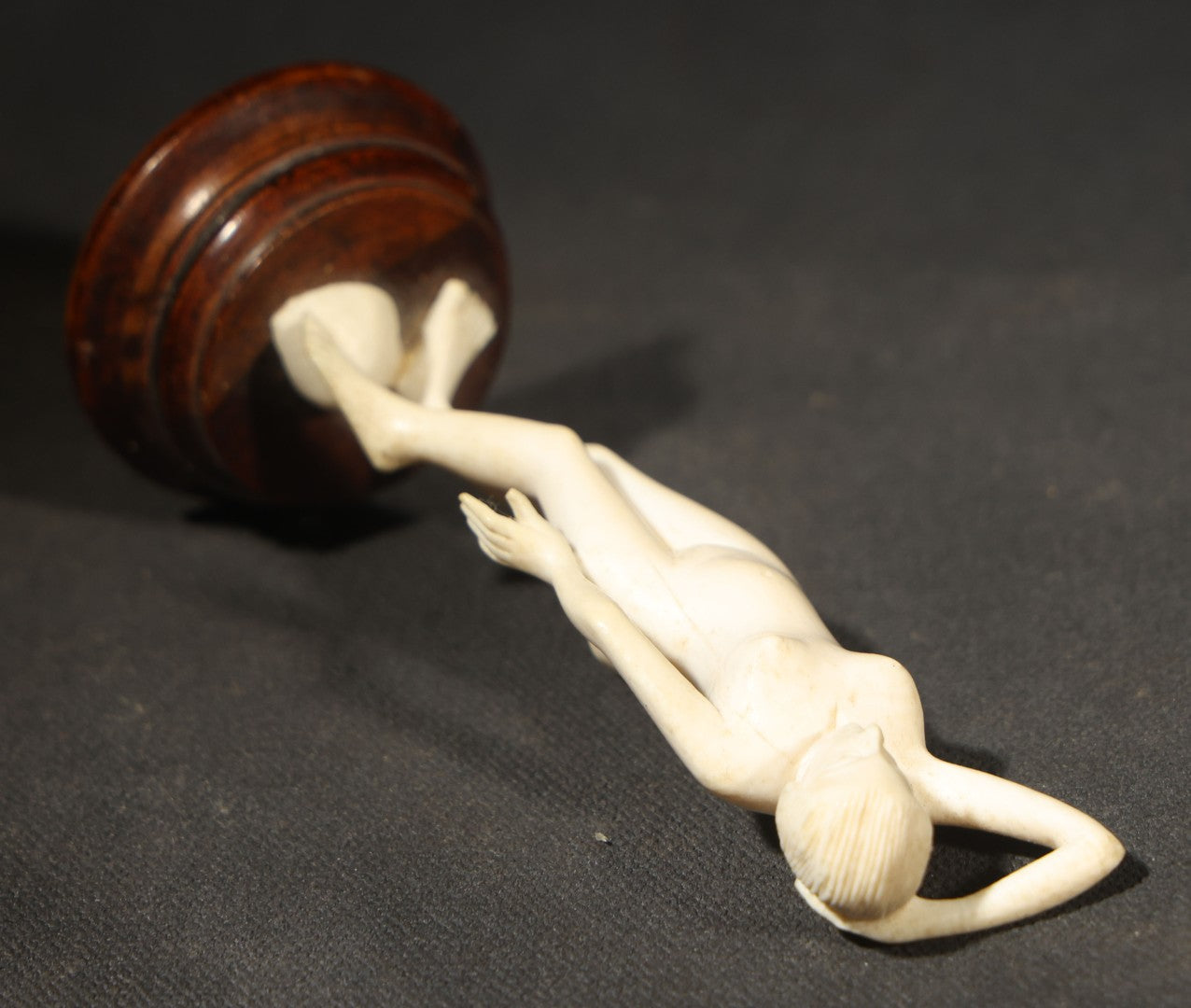 Vintage Carved Bone Female Nude Figure on Turned Wooden Base