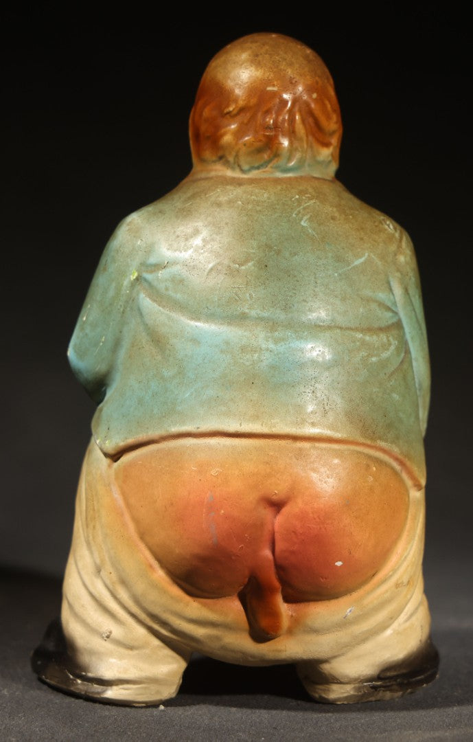 Vintage Chalkware Novelty Figure of a Squatting Man Pooping with Pants Down, Missing Pipe