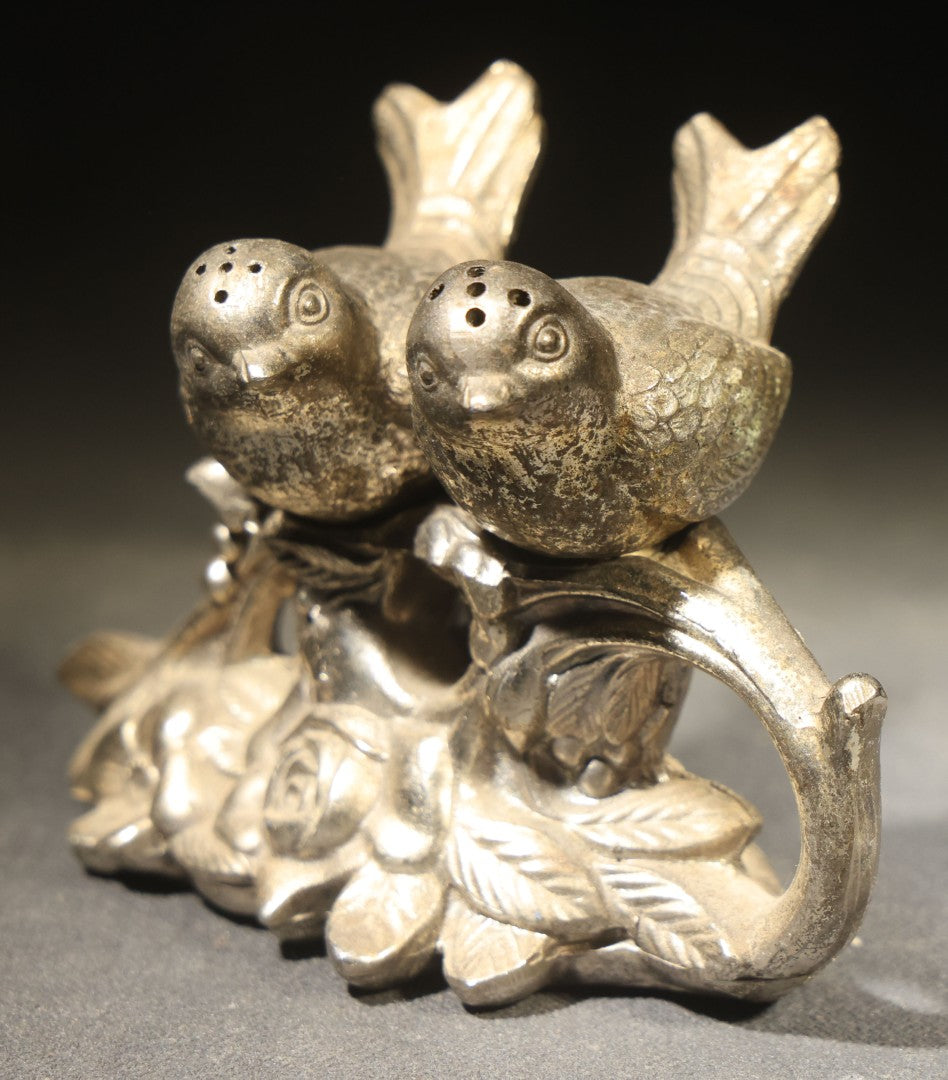 Pair of Vintage Pot Metal Bird Salt and Pepper Shakers on Leafy Base, Likely Made in Japan, One Missing Stopper