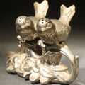 Lot 049 - Vintage Pot Metal Bird Salt and Pepper Shakers Set on Leafy Base, Likely Made in Japan, One Missing Stopper, 3" H