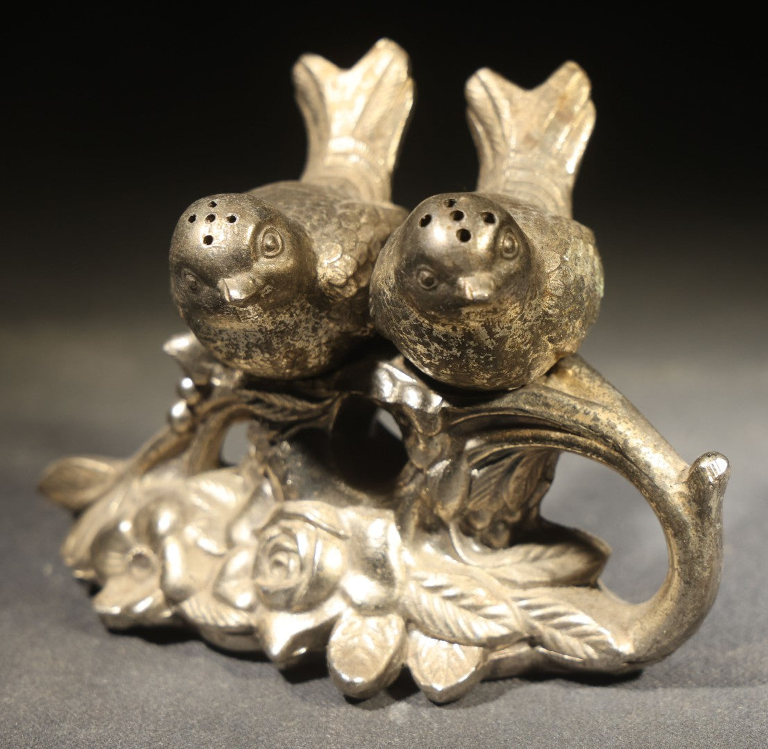Pair of Vintage Pot Metal Bird Salt and Pepper Shakers on Leafy Base, Likely Made in Japan, One Missing Stopper