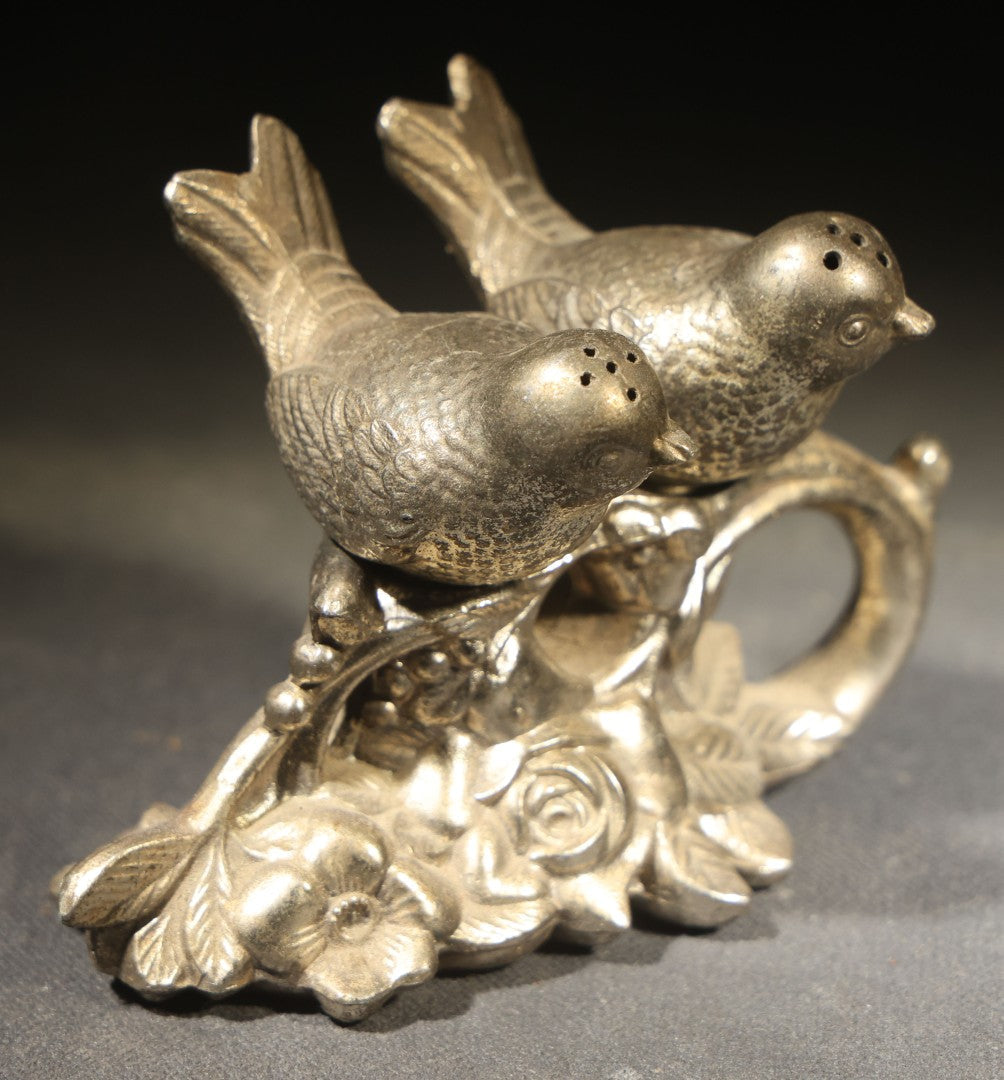 Pair of Vintage Pot Metal Bird Salt and Pepper Shakers on Leafy Base, Likely Made in Japan, One Missing Stopper