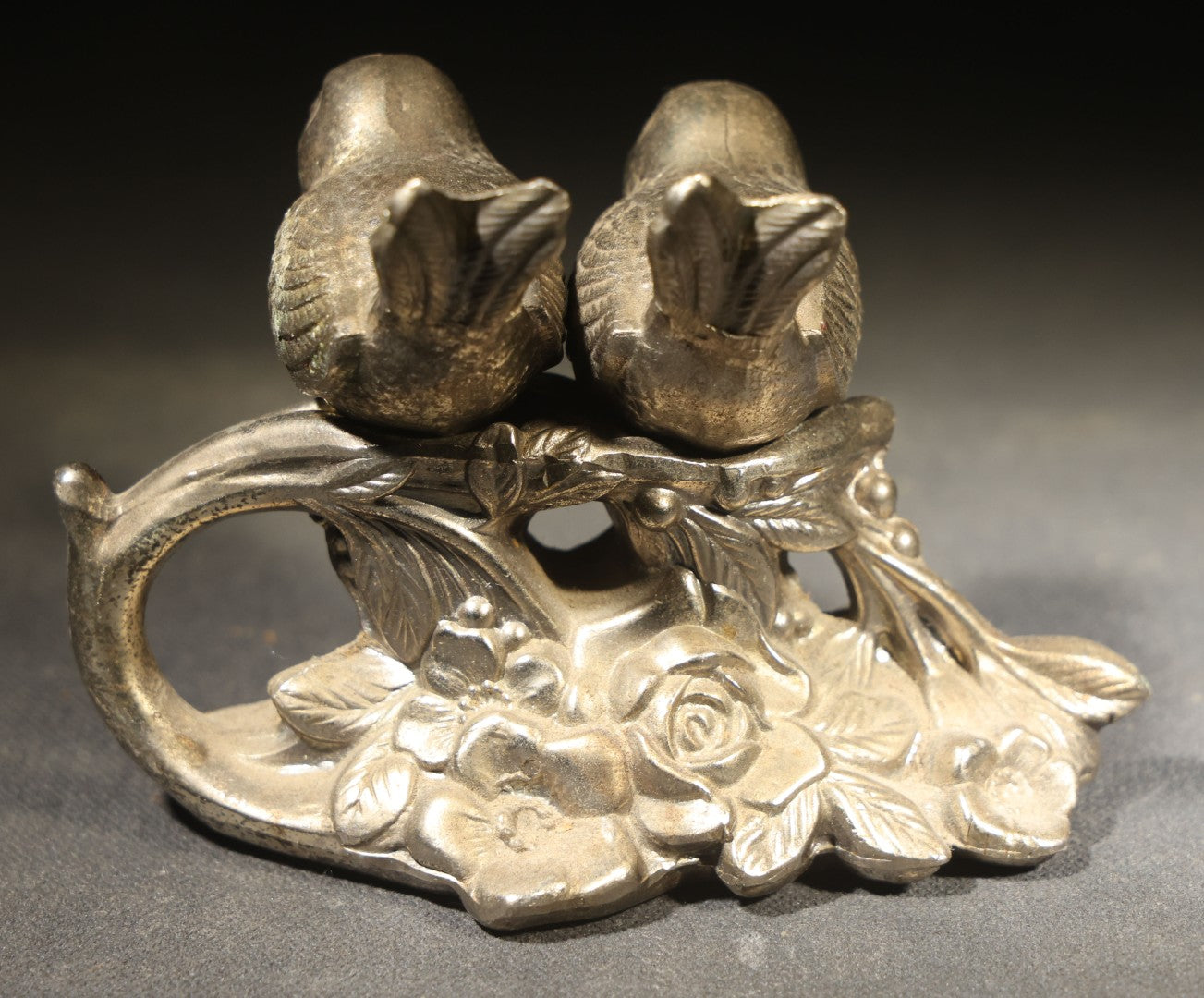Pair of Vintage Pot Metal Bird Salt and Pepper Shakers on Leafy Base, Likely Made in Japan, One Missing Stopper