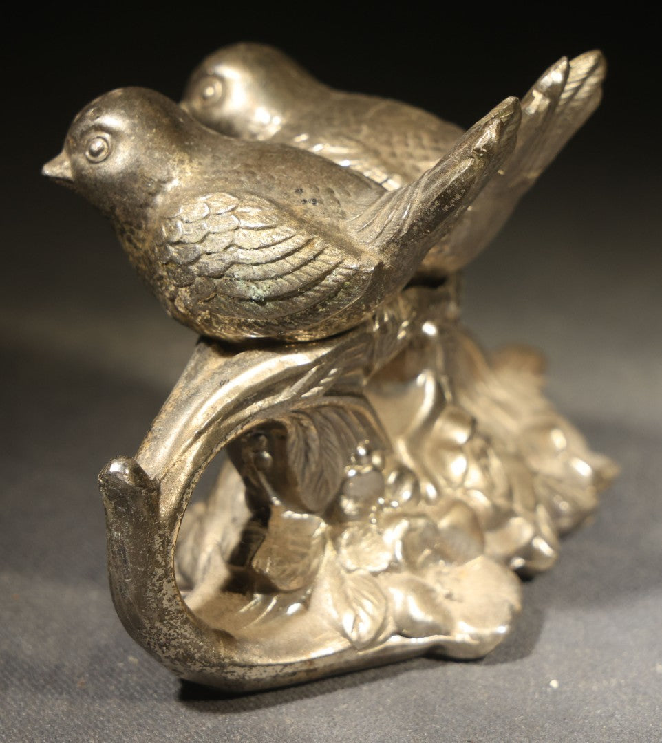 Pair of Vintage Pot Metal Bird Salt and Pepper Shakers on Leafy Base, Likely Made in Japan, One Missing Stopper