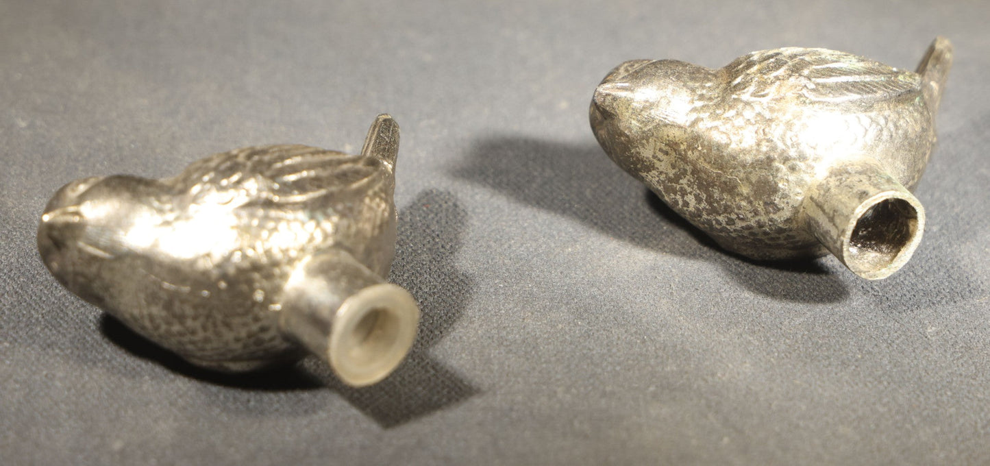 Pair of Vintage Pot Metal Bird Salt and Pepper Shakers on Leafy Base, Likely Made in Japan, One Missing Stopper