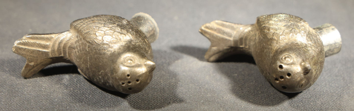 Pair of Vintage Pot Metal Bird Salt and Pepper Shakers on Leafy Base, Likely Made in Japan, One Missing Stopper