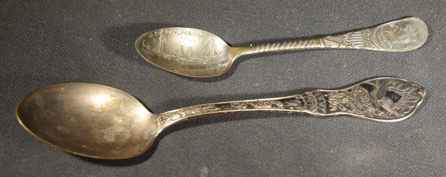 Pair of Antique Silver Plated Commemorative Military Souvenir Spoons including U.S.S. Maine and 1918 World War I Armistice
