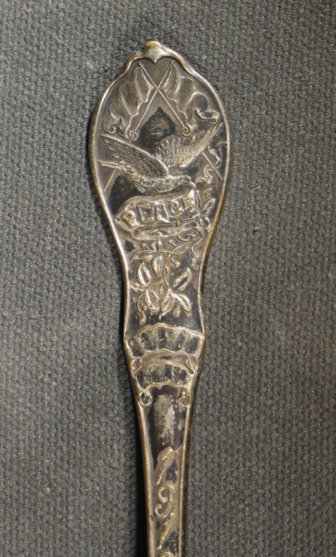 Pair of Antique Silver Plated Commemorative Military Souvenir Spoons including U.S.S. Maine and 1918 World War I Armistice