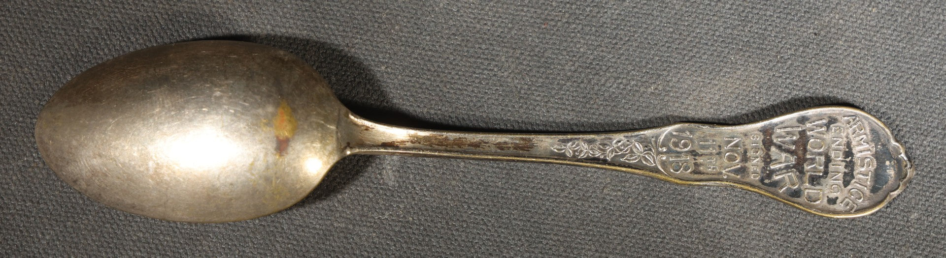 Pair of Antique Silver Plated Commemorative Military Souvenir Spoons including U.S.S. Maine and 1918 World War I Armistice