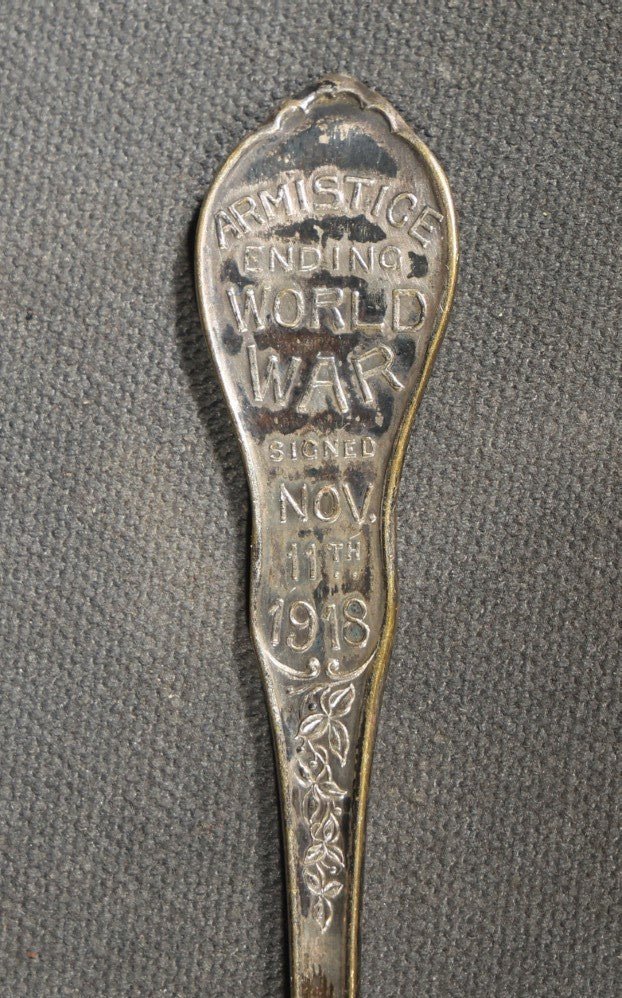 Pair of Antique Silver Plated Commemorative Military Souvenir Spoons including U.S.S. Maine and 1918 World War I Armistice