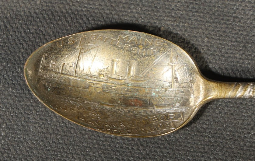 Pair of Antique Silver Plated Commemorative Military Souvenir Spoons including U.S.S. Maine and 1918 World War I Armistice
