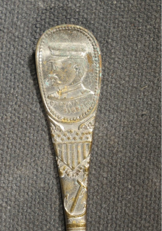 Pair of Antique Silver Plated Commemorative Military Souvenir Spoons including U.S.S. Maine and 1918 World War I Armistice
