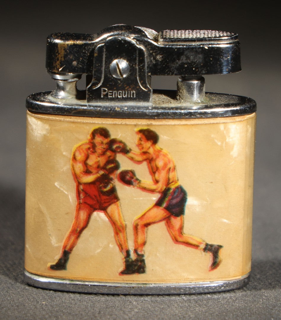 Vintage Penguin Pocket Lighter with Boxing Graphics, Two Boxers on One Side and Boxing Gloves on Reverse