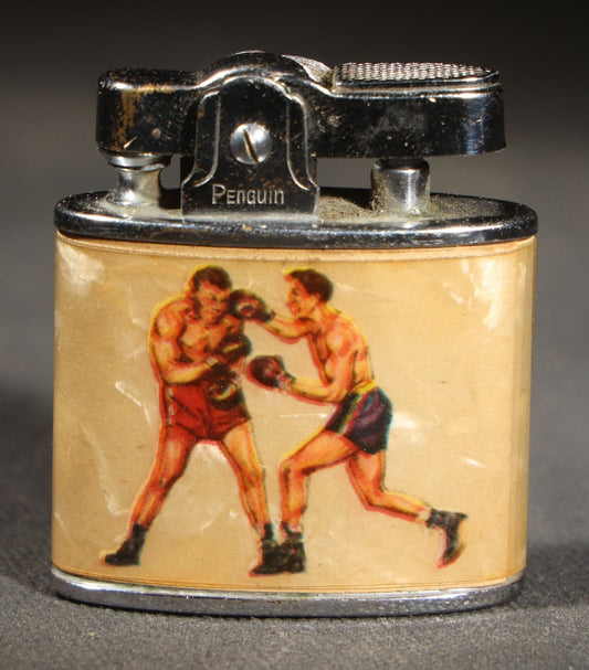 Vintage Penguin Pocket Lighter with Boxing Graphics, Two Boxers on One Side and Boxing Gloves on Reverse