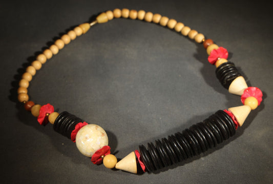 Vintage Mixed Media Beaded Necklace with Black Disc Beads, Red Elements, and Natural-Toned Round Beads