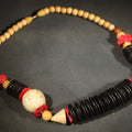 Lot 053 - Vintage Mixed Media Beaded Necklace with Black Disc Beads, Red Elements, and Natural-Toned Round Beads, 24" L