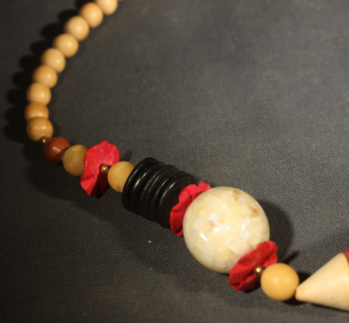 Vintage Mixed Media Beaded Necklace with Black Disc Beads, Red Elements, and Natural-Toned Round Beads
