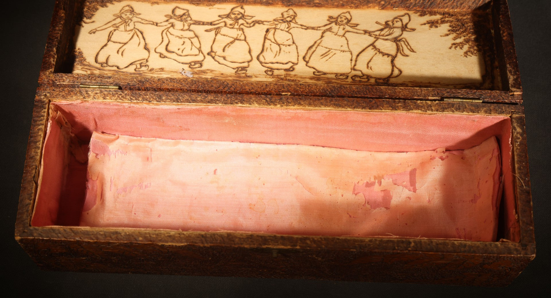 Pair of Antique Pyrography Boxes Including Signed "C.O.D. 1904" Rectangular Example with Dutch Figures and Round "Mount Washington Box" with Rose Design