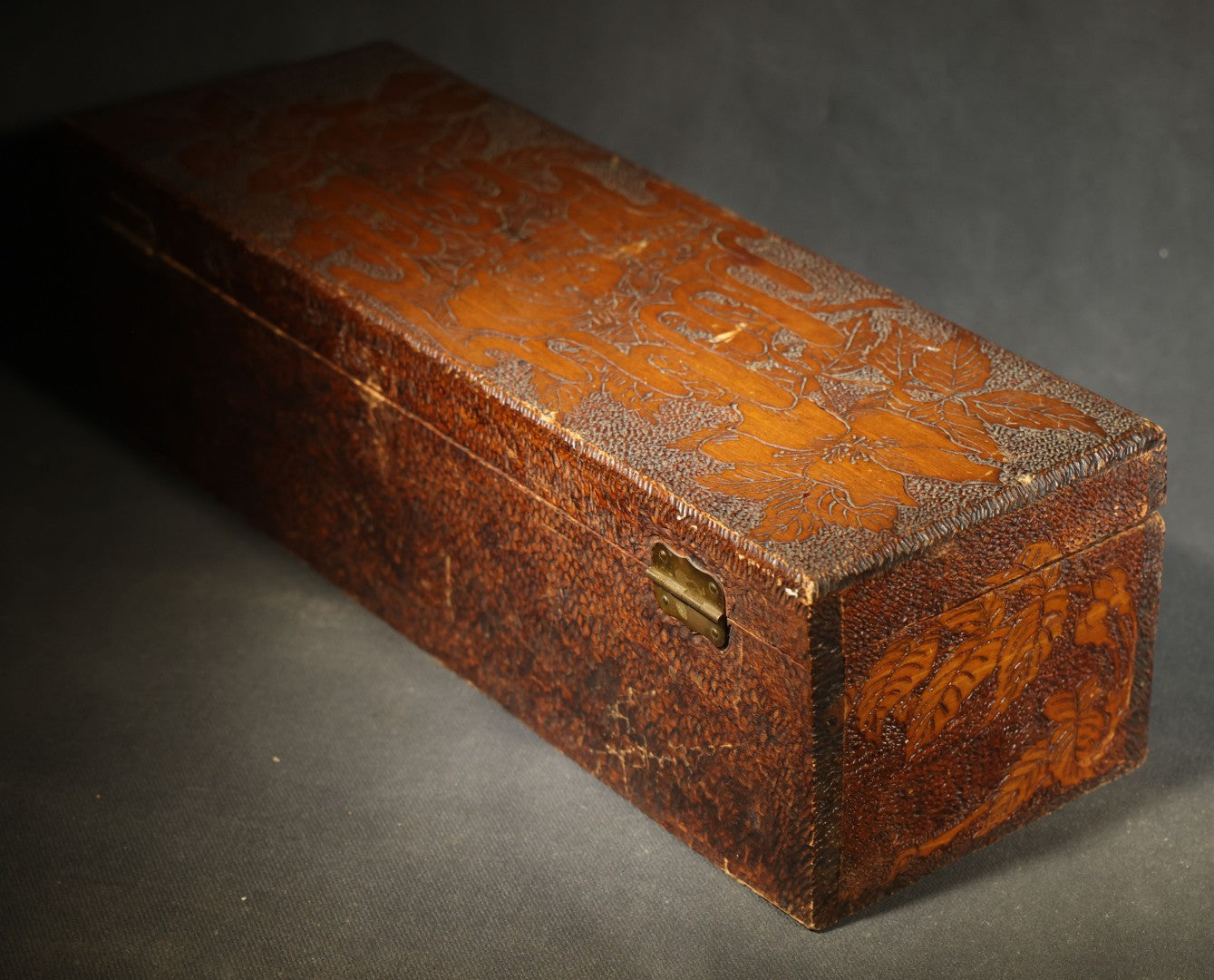 Pair of Antique Pyrography Boxes Including Signed "C.O.D. 1904" Rectangular Example with Dutch Figures and Round "Mount Washington Box" with Rose Design