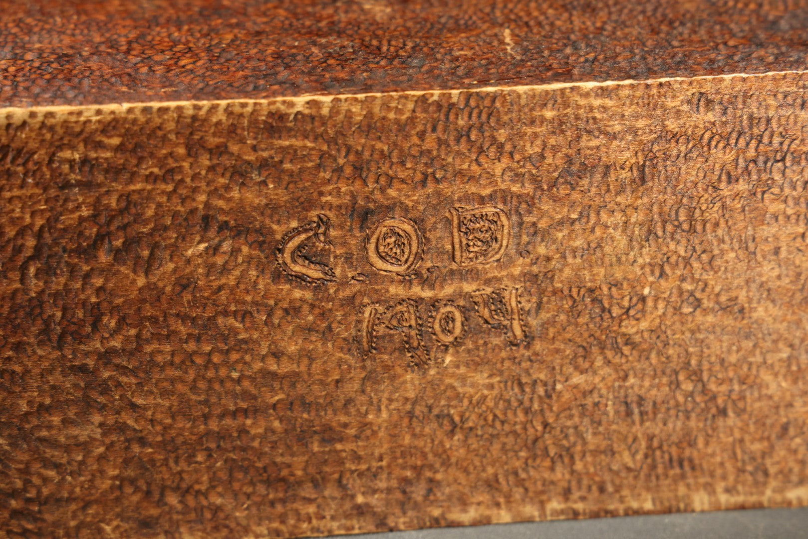 Pair of Antique Pyrography Boxes Including Signed "C.O.D. 1904" Rectangular Example with Dutch Figures and Round "Mount Washington Box" with Rose Design