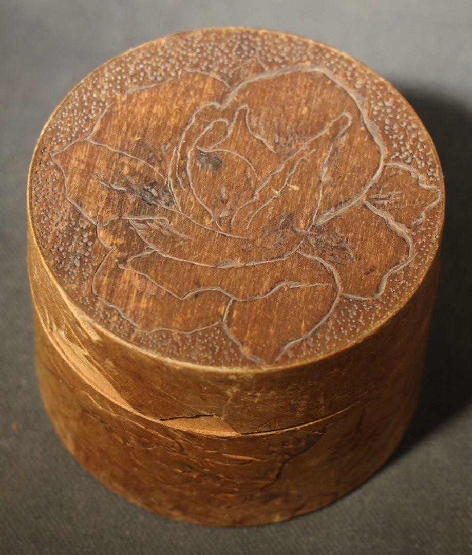 Pair of Antique Pyrography Boxes Including Signed "C.O.D. 1904" Rectangular Example with Dutch Figures and Round "Mount Washington Box" with Rose Design