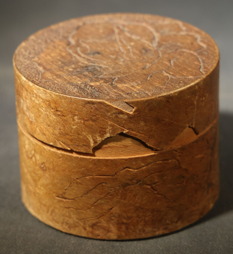 Pair of Antique Pyrography Boxes Including Signed "C.O.D. 1904" Rectangular Example with Dutch Figures and Round "Mount Washington Box" with Rose Design