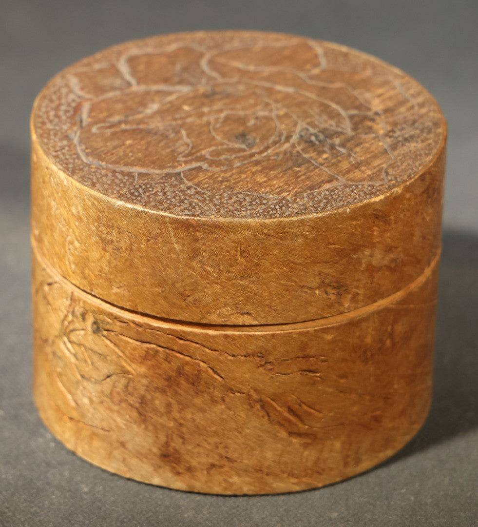 Pair of Antique Pyrography Boxes Including Signed "C.O.D. 1904" Rectangular Example with Dutch Figures and Round "Mount Washington Box" with Rose Design