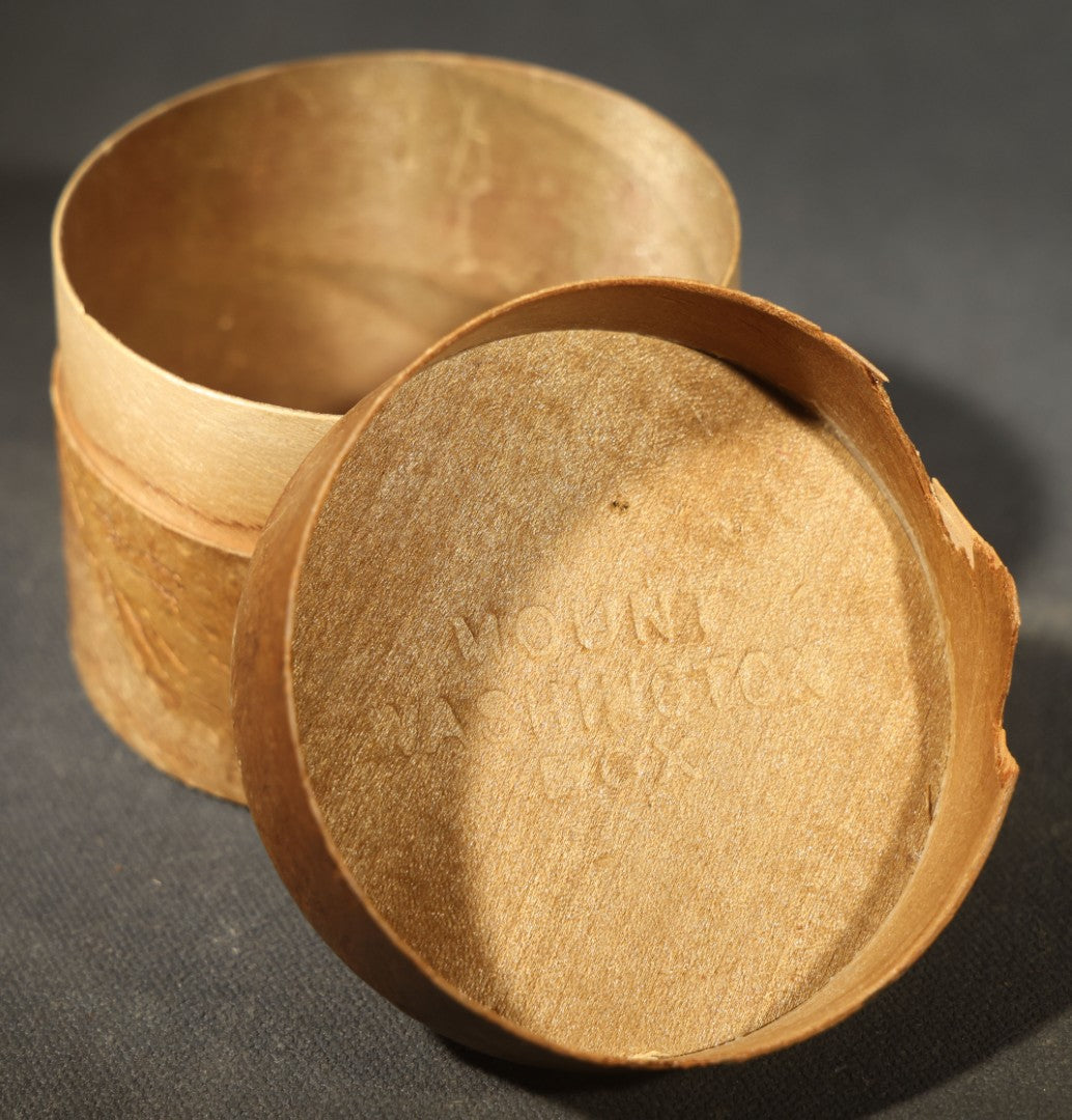 Pair of Antique Pyrography Boxes Including Signed "C.O.D. 1904" Rectangular Example with Dutch Figures and Round "Mount Washington Box" with Rose Design