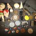 Lot 056 - Vintage Junk Drawer Lot Including Bisque Doll, Howdy Doody Head Political Campaign Pins, Advertising Pocket Mirror, Tokens, Keys, and Silverplate Flatware