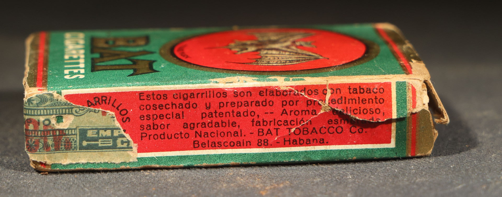 Vintage Bat Cigarettes Tobacco Package with Bat Trademark Logo, Bat Tobacco Co., Havana, Cuba