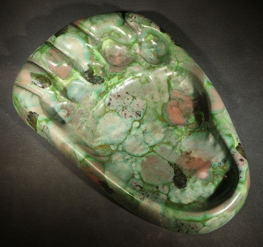 Vintage Kodiak Bear Paw Ceramic Footprint Ashtray Signed Kodiak Alaska 1968 Green Turquoise Copper Variegated Glaze