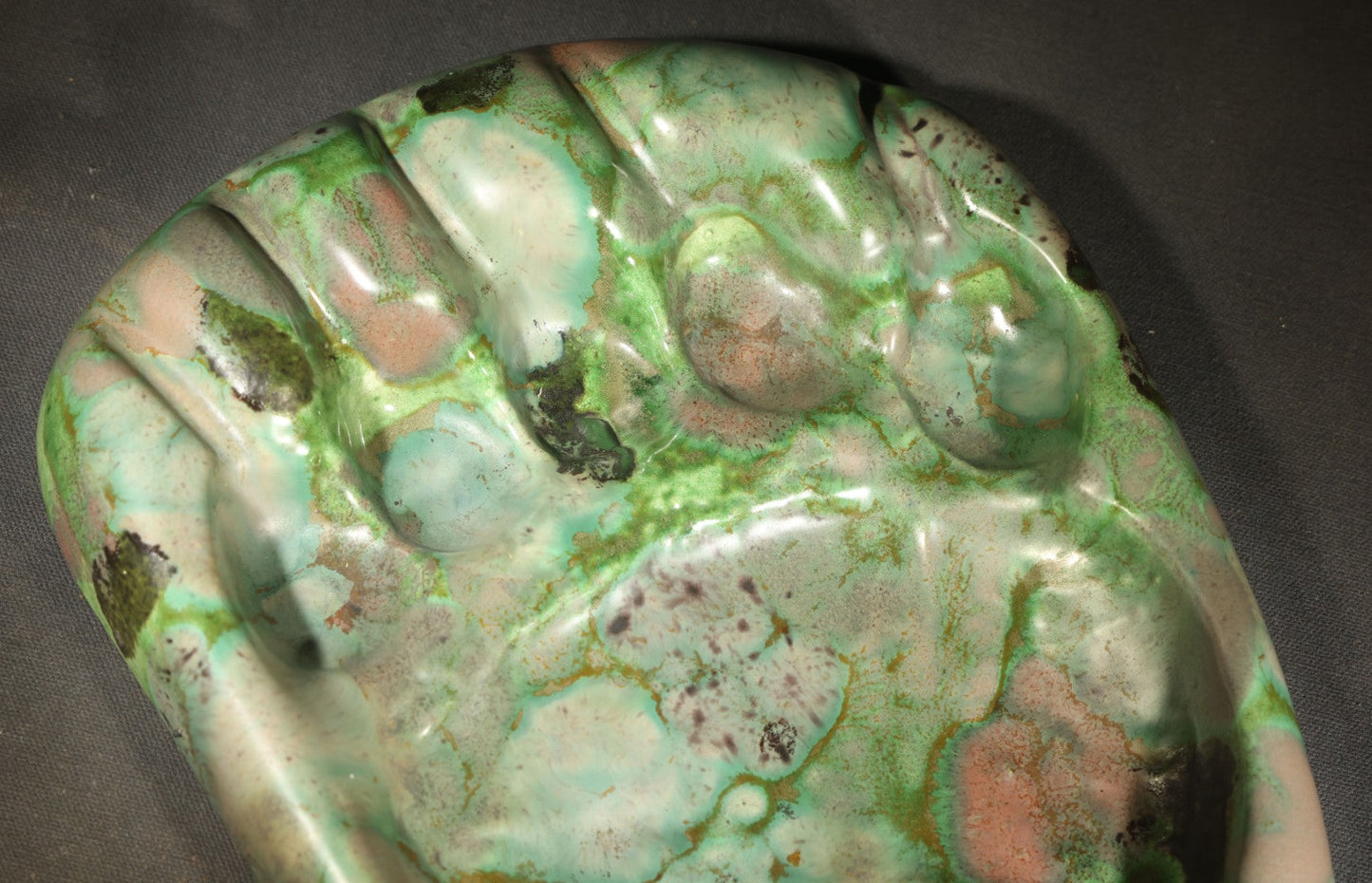 Vintage Kodiak Bear Paw Ceramic Footprint Ashtray Signed Kodiak Alaska 1968 Green Turquoise Copper Variegated Glaze