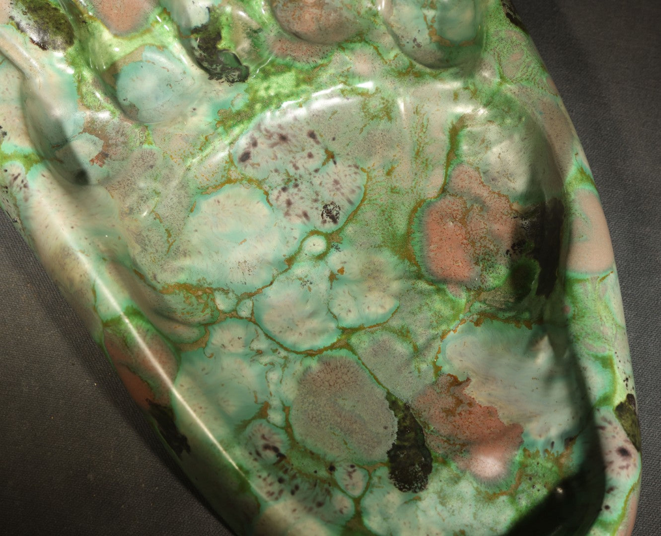Vintage Kodiak Bear Paw Ceramic Footprint Ashtray Signed Kodiak Alaska 1968 Green Turquoise Copper Variegated Glaze