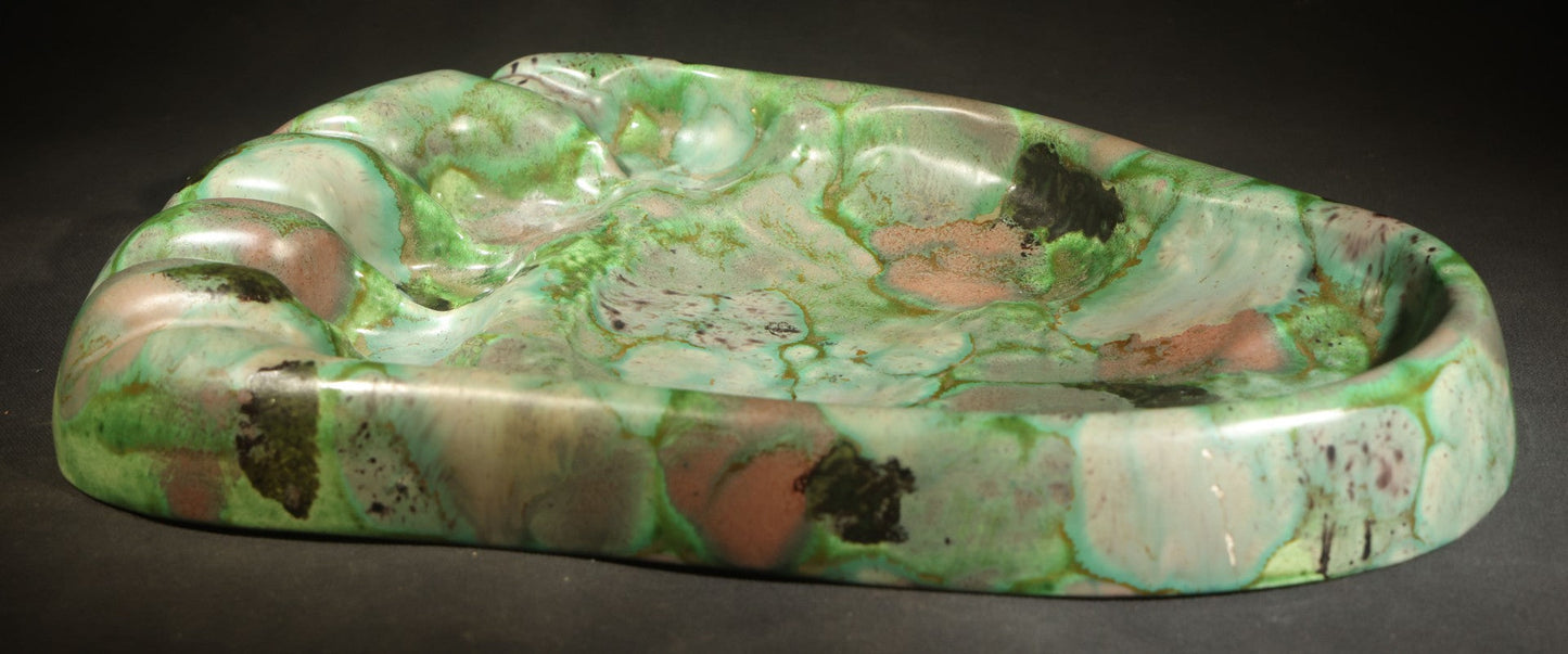 Vintage Kodiak Bear Paw Ceramic Footprint Ashtray Signed Kodiak Alaska 1968 Green Turquoise Copper Variegated Glaze