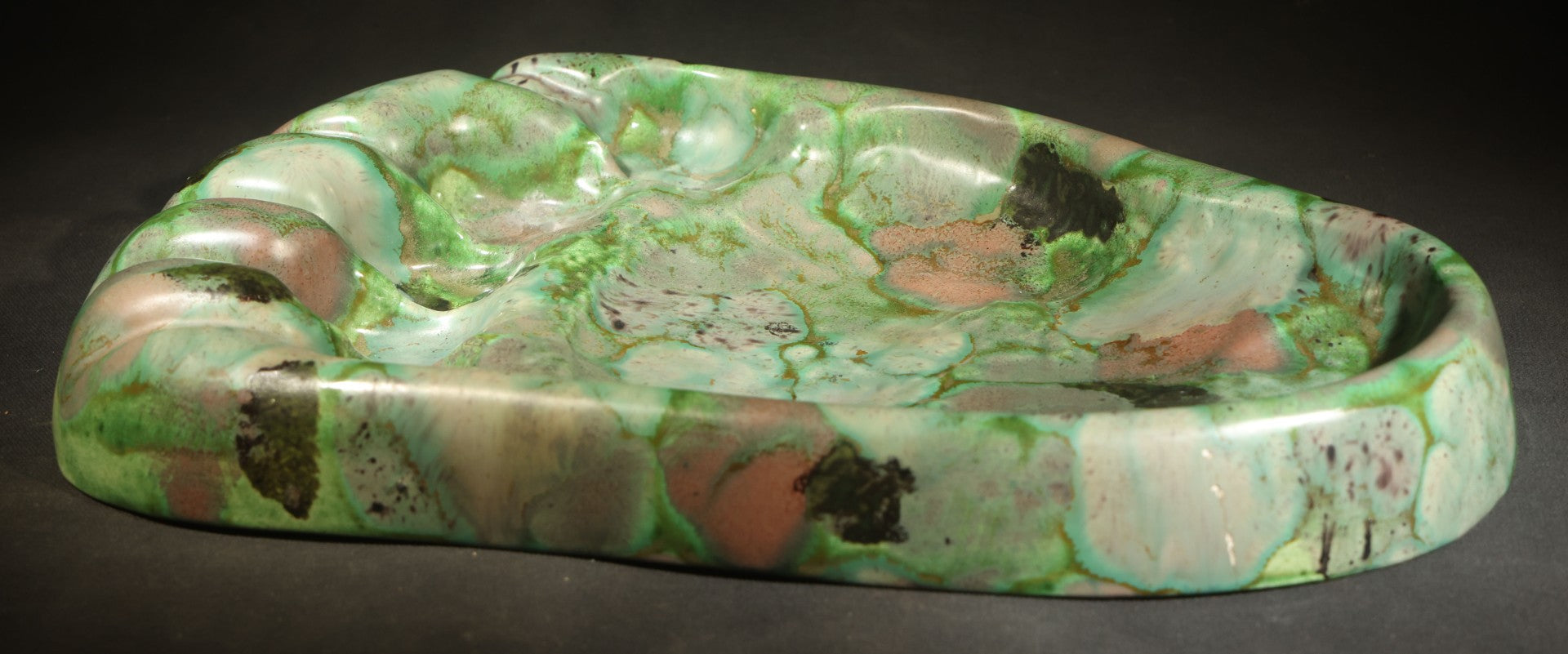 Vintage Kodiak Bear Paw Ceramic Footprint Ashtray Signed Kodiak Alaska 1968 Green Turquoise Copper Variegated Glaze