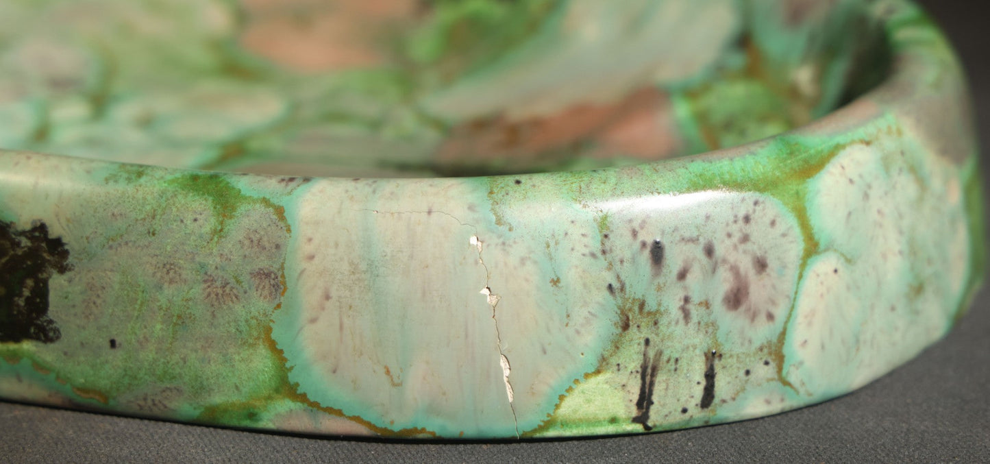 Vintage Kodiak Bear Paw Ceramic Footprint Ashtray Signed Kodiak Alaska 1968 Green Turquoise Copper Variegated Glaze