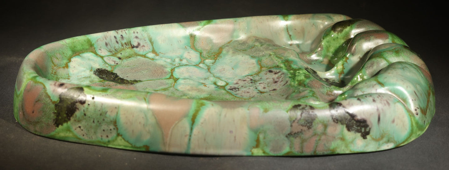 Vintage Kodiak Bear Paw Ceramic Footprint Ashtray Signed Kodiak Alaska 1968 Green Turquoise Copper Variegated Glaze