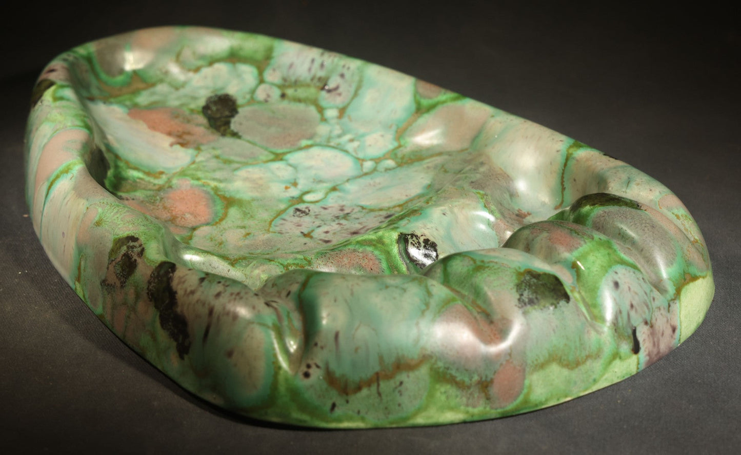 Vintage Kodiak Bear Paw Ceramic Footprint Ashtray Signed Kodiak Alaska 1968 Green Turquoise Copper Variegated Glaze