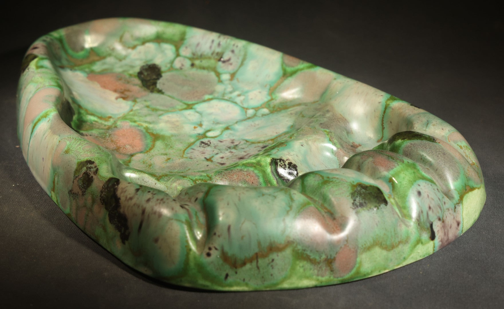 Vintage Kodiak Bear Paw Ceramic Footprint Ashtray Signed Kodiak Alaska 1968 Green Turquoise Copper Variegated Glaze