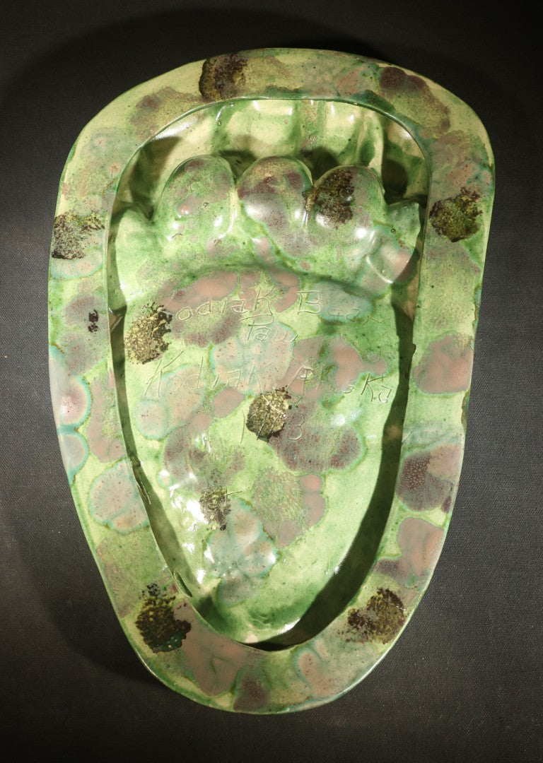 Vintage Kodiak Bear Paw Ceramic Footprint Ashtray Signed Kodiak Alaska 1968 Green Turquoise Copper Variegated Glaze