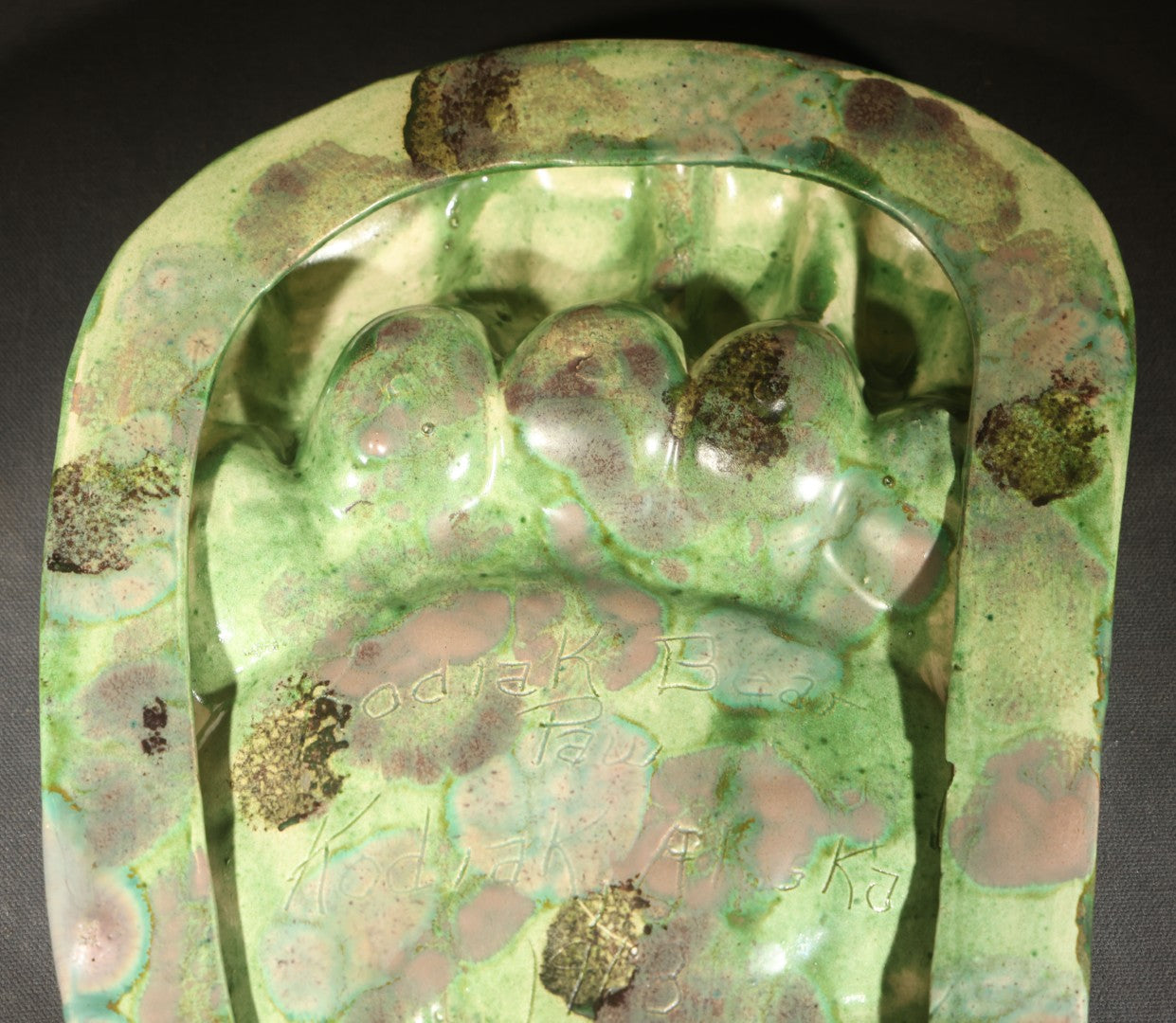 Vintage Kodiak Bear Paw Ceramic Footprint Ashtray Signed Kodiak Alaska 1968 Green Turquoise Copper Variegated Glaze