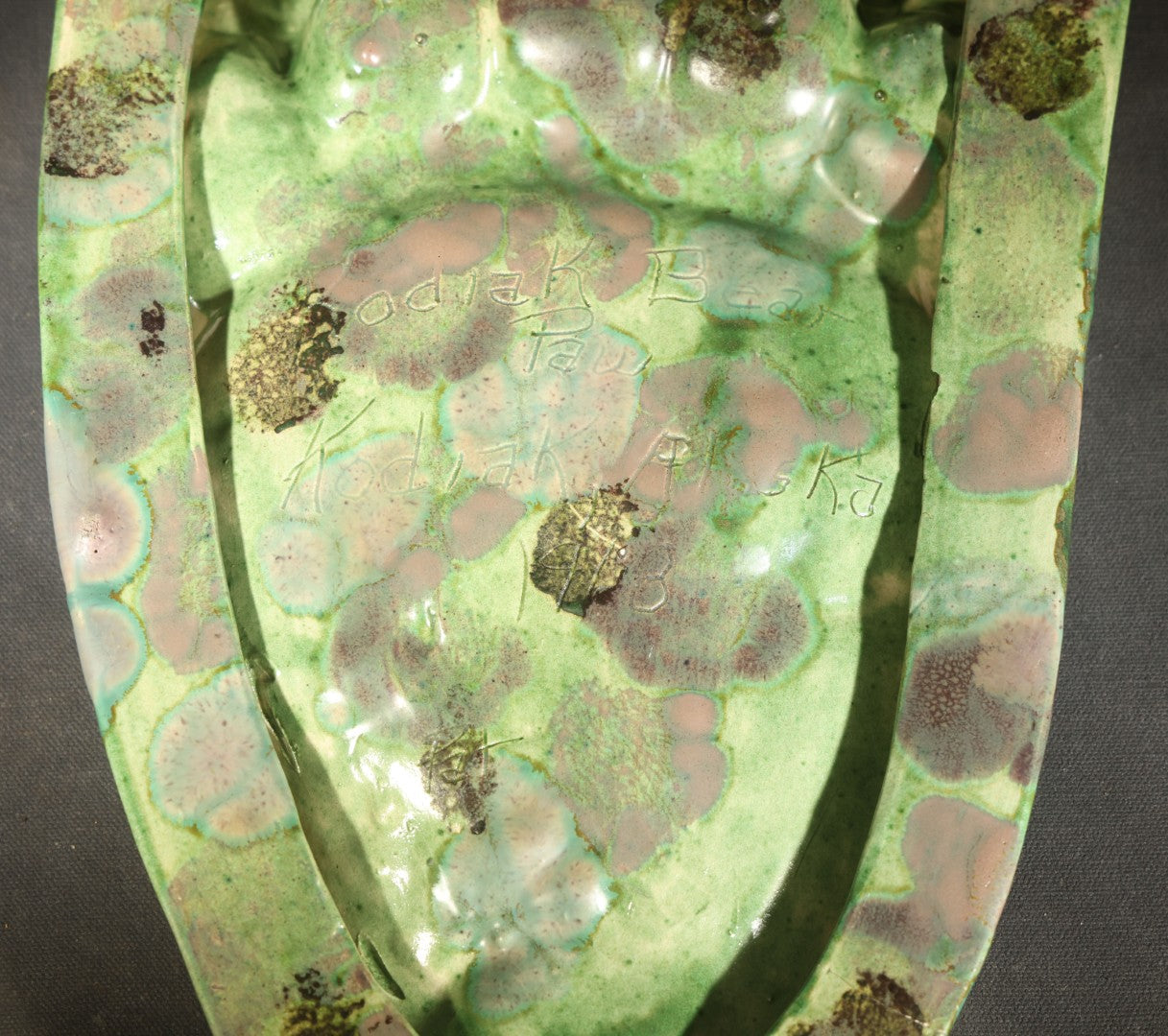 Vintage Kodiak Bear Paw Ceramic Footprint Ashtray Signed Kodiak Alaska 1968 Green Turquoise Copper Variegated Glaze