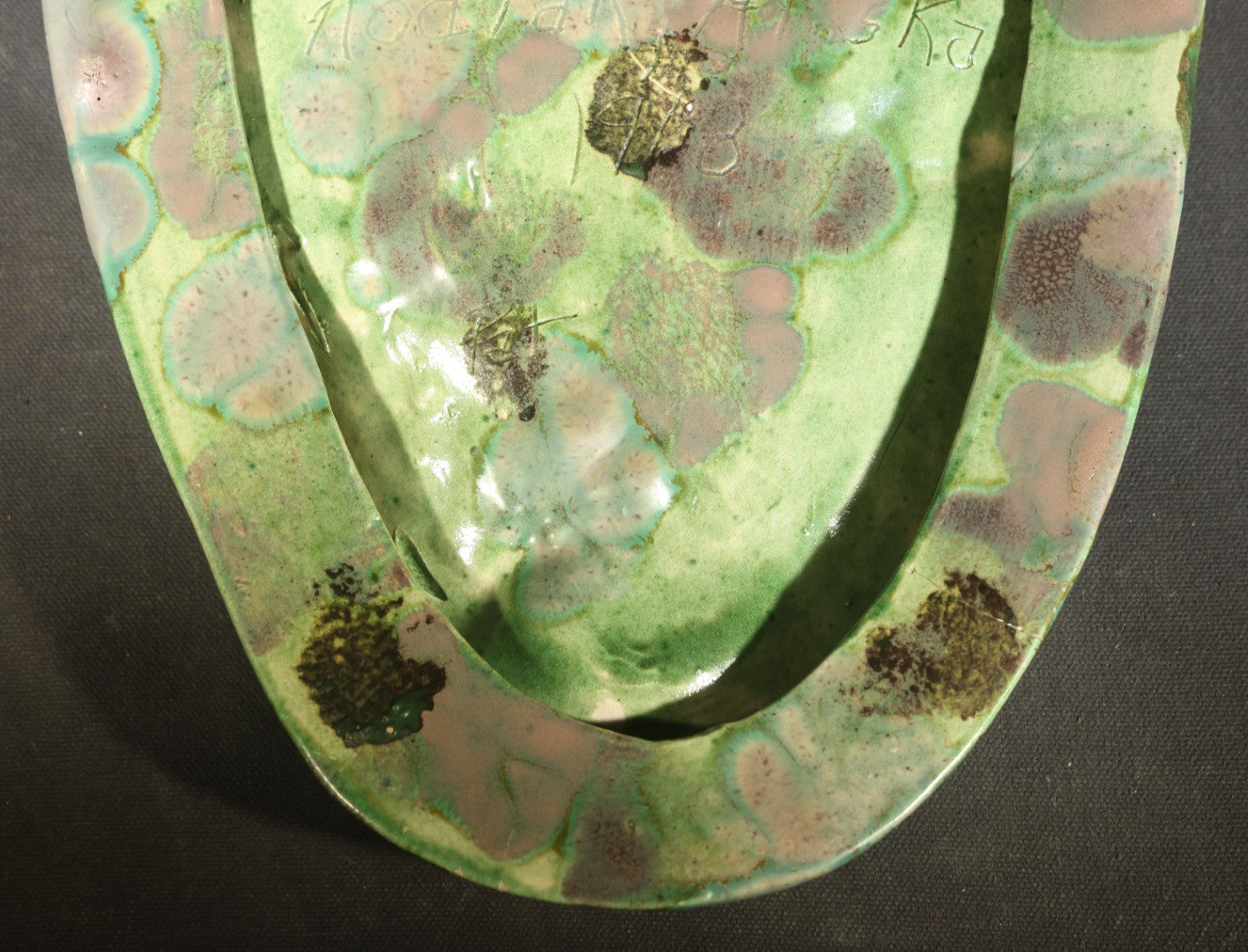 Vintage Kodiak Bear Paw Ceramic Footprint Ashtray Signed Kodiak Alaska 1968 Green Turquoise Copper Variegated Glaze