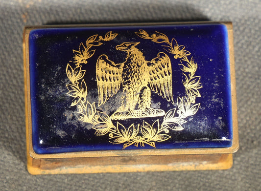 Vintage Blue Enamel Match Safe with Gold American Eagle and Foliate Wreath Decoration