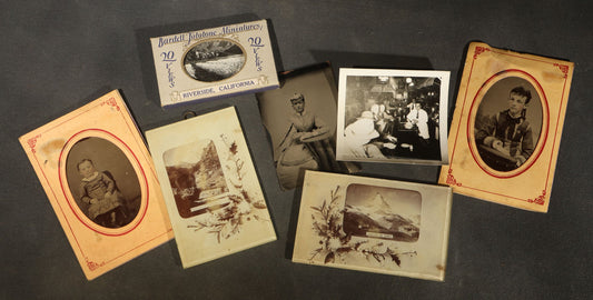 Grouping of Seven Antique and Vintage Photographs Including Two Foldered Tintypes of Children, Swiss Alpine "Souvenir du Riffel" Views, and Snapshot of Bar Interior