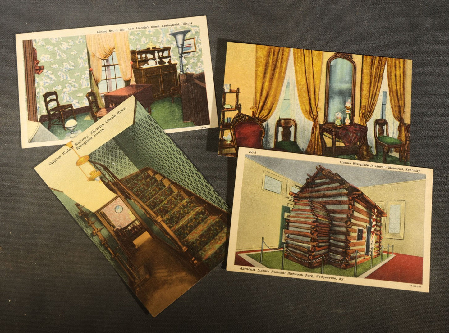Grouping of Four Vintage Postcards of Abraham Lincoln Home, Springfield, Illinois and Lincoln Birthplace, Kentucky including Dining Room, Front Parlor, Walnut Stairway