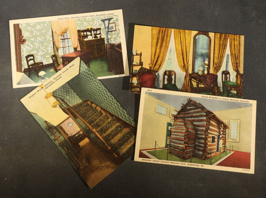 Grouping of Four Vintage Postcards of Abraham Lincoln Home, Springfield, Illinois and Lincoln Birthplace, Kentucky including Dining Room, Front Parlor, Walnut Stairway