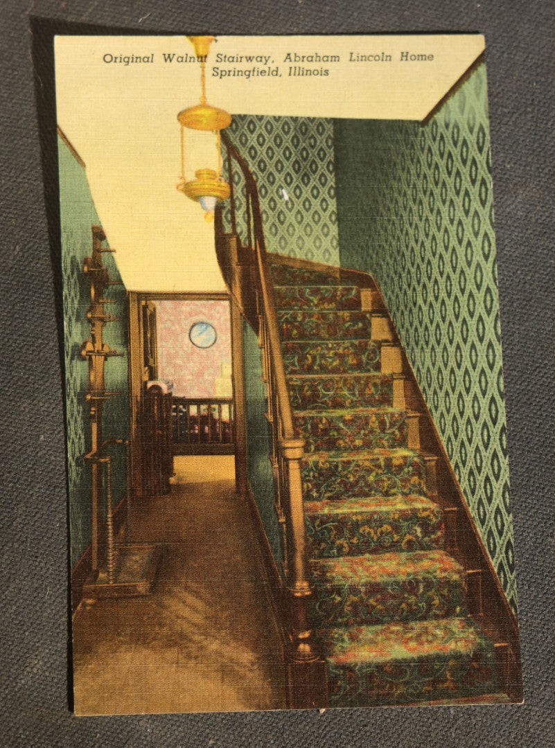 Grouping of Four Vintage Postcards of Abraham Lincoln Home, Springfield, Illinois and Lincoln Birthplace, Kentucky including Dining Room, Front Parlor, Walnut Stairway