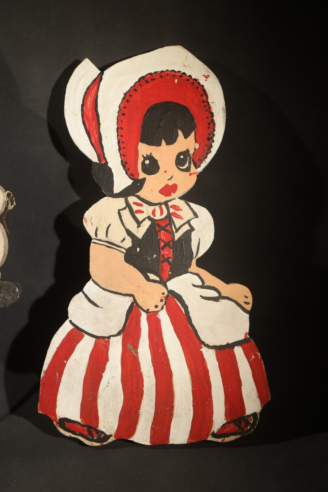 Trio of Vintage Folk Art Painted Wood Lawn Ornaments Including Two Girls in Bonnets with Red and White Striped Skirts and White Rabbit