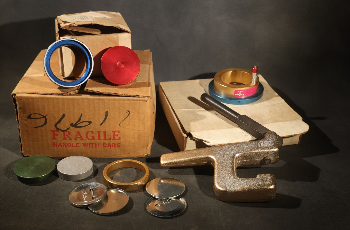 Vintage Badge-A-Mint Hand Press and Cut-A-Circle Paper Cutter Button Making Kit With Button Parts, Manufactured by RPM Associates Ltd., La Salle, Illinois
